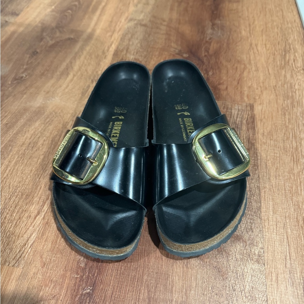 Birkenstock Black Slides with Gold Buckles